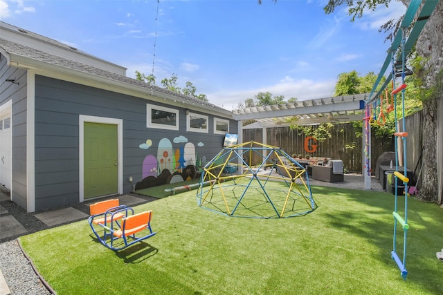 view of play area with a yard, outdoor lounge area, a fenced backyard, and a pergola