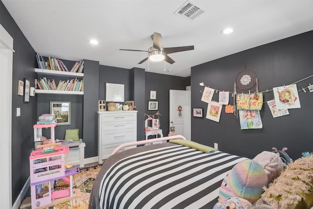 bedroom with baseboards, visible vents, ceiling fan, and recessed lighting