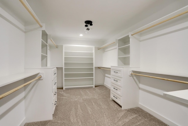 spacious closet featuring light colored carpet