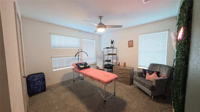 office area with a wealth of natural light, light colored carpet, and ceiling fan