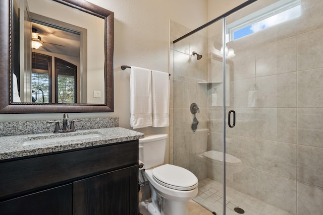 bathroom featuring vanity, toilet, a shower with door, and a wealth of natural light