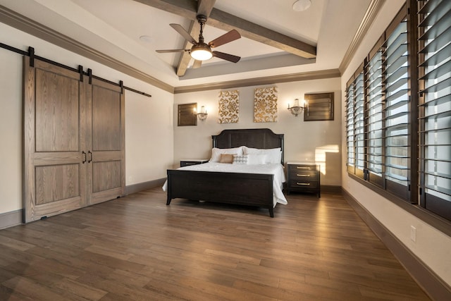 bedroom with dark hardwood / wood-style flooring, ornamental molding, a barn door, and beamed ceiling