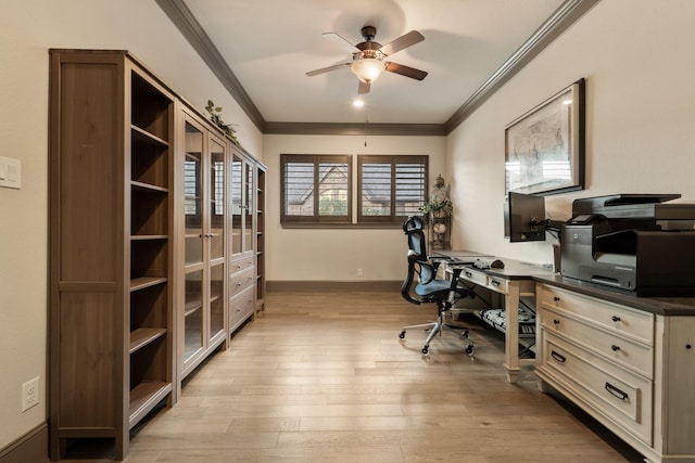 office area featuring ceiling fan, ornamental molding, and light hardwood / wood-style flooring