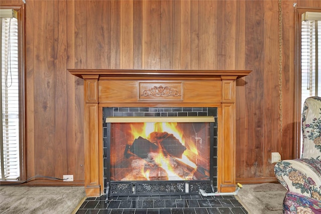 details with a fireplace and wood walls