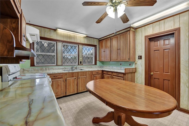 kitchen featuring a sink, electric range, light countertops, ceiling fan, and brown cabinetry