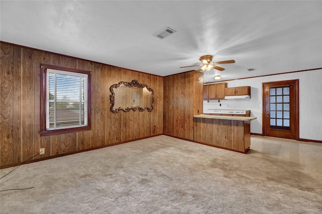 interior space featuring light colored carpet, visible vents, ceiling fan, and baseboards