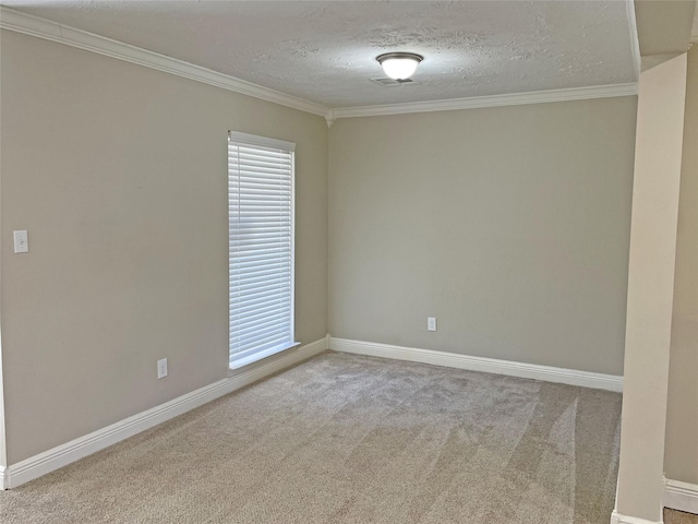 carpeted empty room with ornamental molding and a textured ceiling