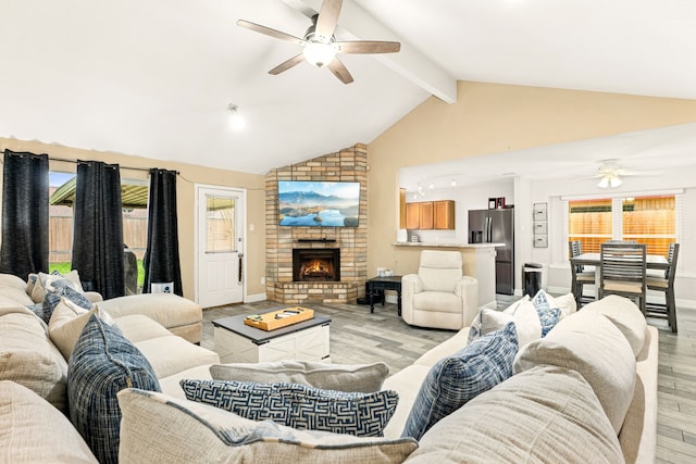 living room with a fireplace, plenty of natural light, and light hardwood / wood-style floors