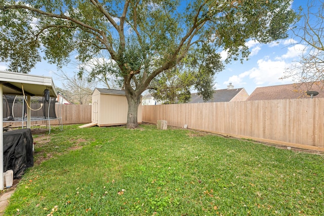 view of yard with a trampoline and a storage shed