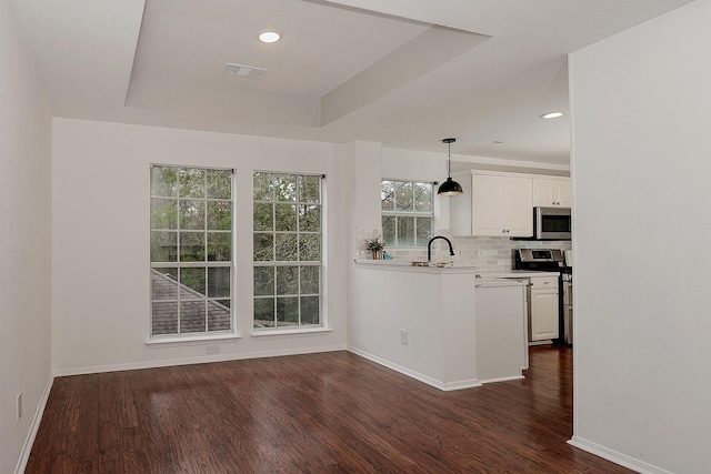 kitchen featuring decorative light fixtures, a raised ceiling, white cabinets, backsplash, and stainless steel appliances