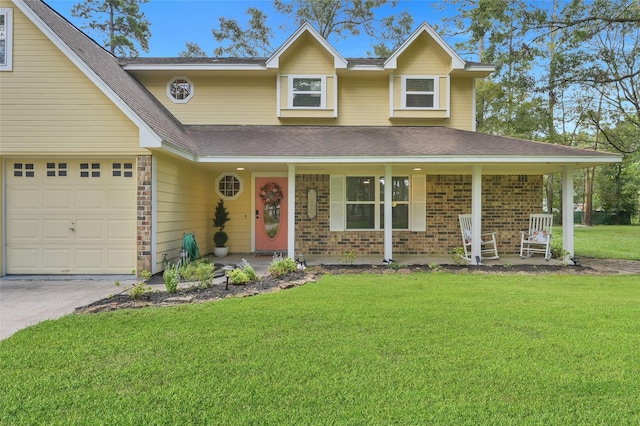 view of front of property featuring a garage, a front lawn, and covered porch