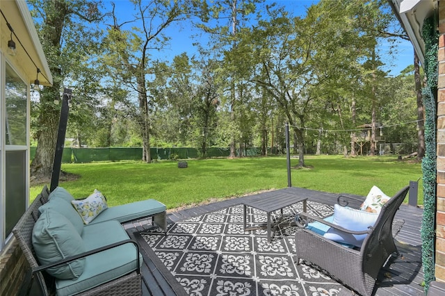 view of patio featuring an outdoor hangout area and a deck