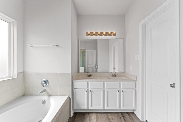 bathroom with wood finished floors, double vanity, a sink, and a bath