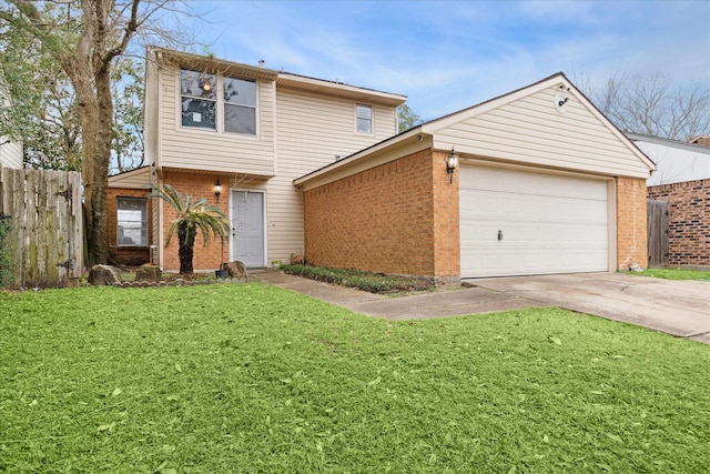 view of front of home featuring driveway, brick siding, a front lawn, and fence