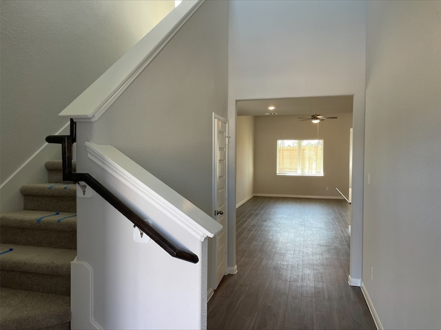 stairs with wood-type flooring, a towering ceiling, and ceiling fan