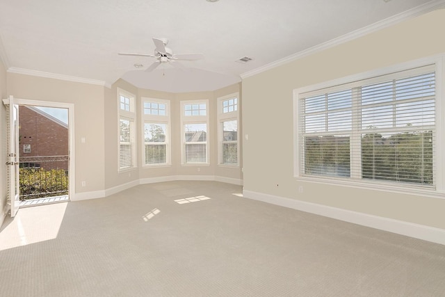 unfurnished room with crown molding, ceiling fan, and carpet flooring