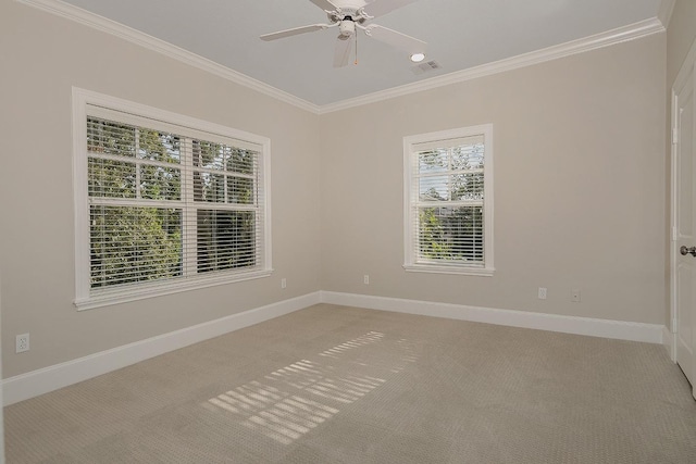 spare room with crown molding, ceiling fan, and carpet floors