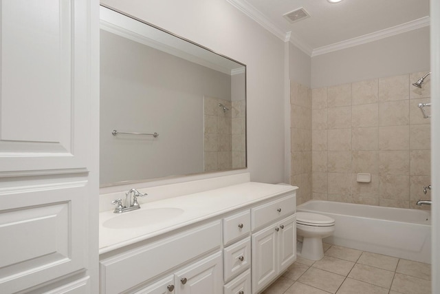 full bathroom featuring crown molding, tile patterned flooring, tiled shower / bath combo, vanity, and toilet