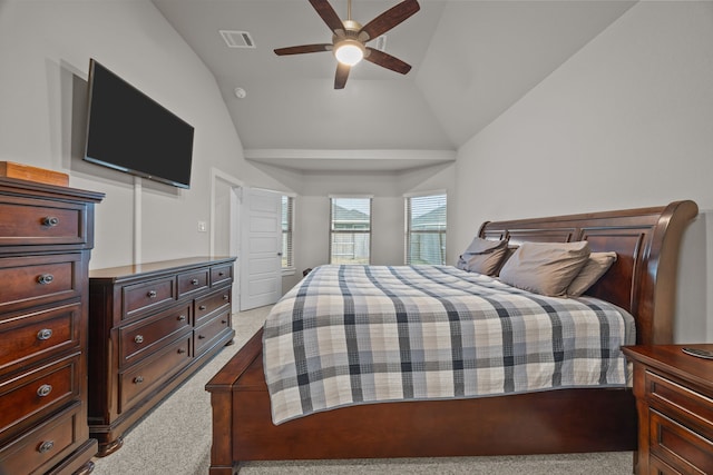 bedroom featuring lofted ceiling, light carpet, and ceiling fan