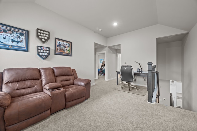 office area featuring carpet and lofted ceiling