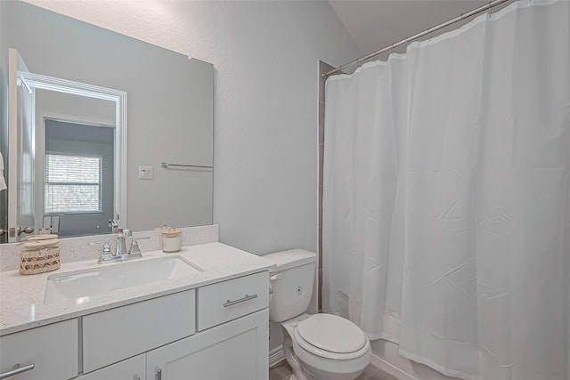 full bathroom with toilet, vanity, and shower / bathtub combination with curtain