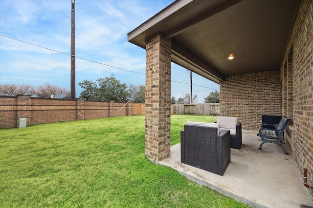 view of yard featuring an outdoor living space and a patio