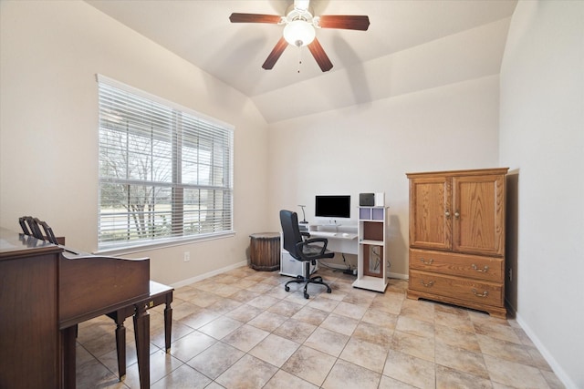 tiled home office with lofted ceiling and ceiling fan