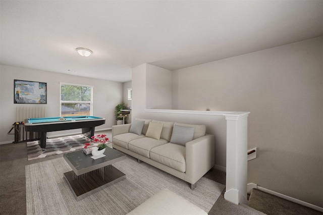 living room with carpet floors and pool table