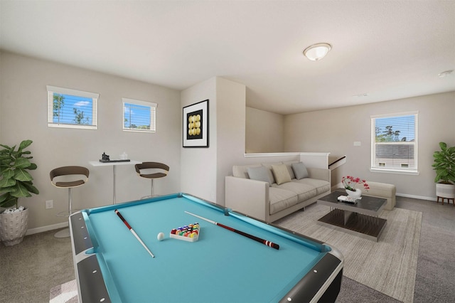 rec room with carpet and pool table