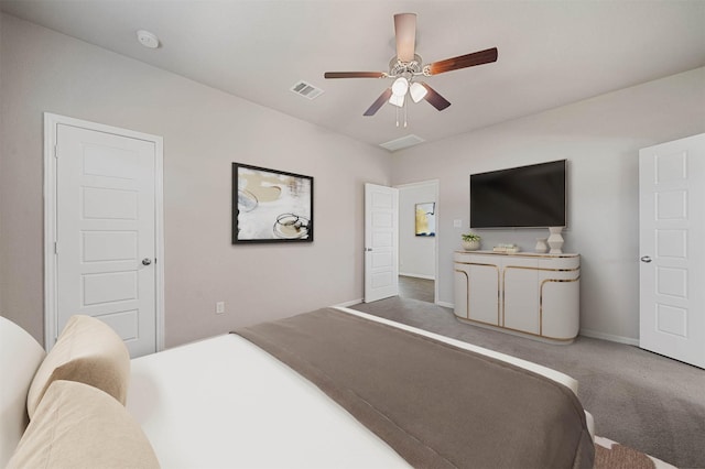 bedroom with ceiling fan and carpet