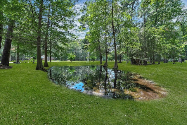 view of community featuring a lawn and a water view