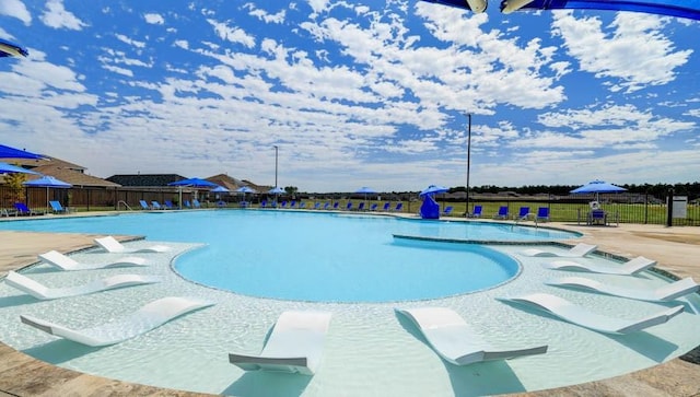 view of swimming pool with a patio