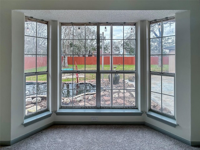 doorway to outside with carpet and a textured ceiling