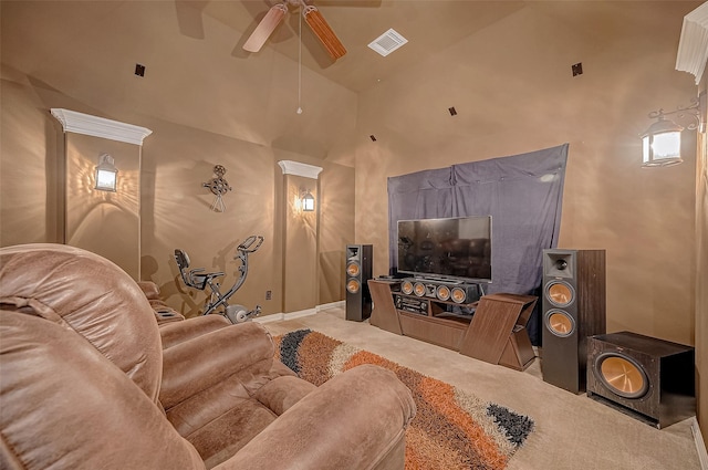 living area featuring high vaulted ceiling, ceiling fan, light carpet, and baseboards