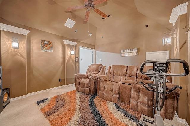 carpeted cinema featuring ceiling fan, lofted ceiling, and baseboards