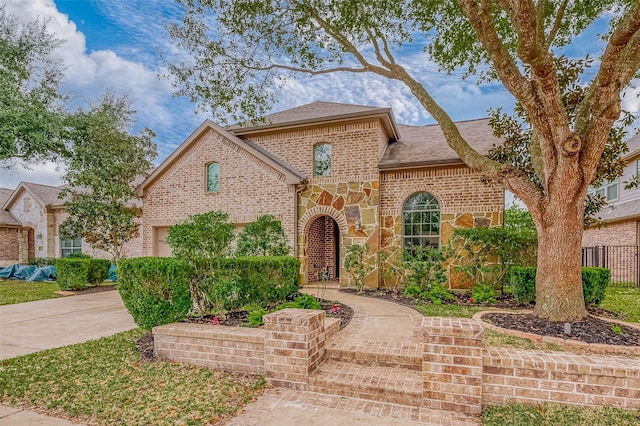 view of front facade featuring brick siding, a shingled roof, a garage, stone siding, and driveway