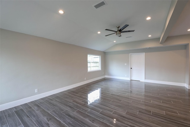 214 Canadian St, Houston, TX 77009 - unfurnished room featuring visible vents, baseboards, ceiling fan, and dark wood-style floors