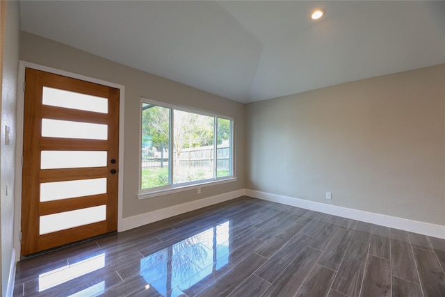 214 Canadian St, Houston, TX 77009 - entrance foyer with baseboards, vaulted ceiling, dark wood-style floors, and recessed lighting
