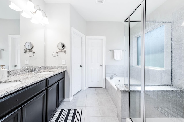 bathroom featuring vanity, a notable chandelier, tile patterned floors, and independent shower and bath