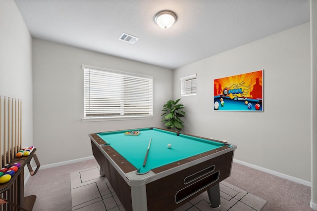 playroom with pool table and carpet