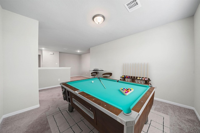 rec room with light carpet and billiards