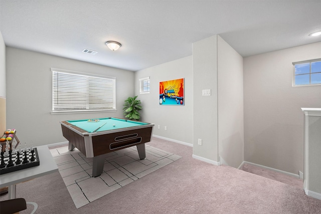 rec room with light carpet, a wealth of natural light, and billiards