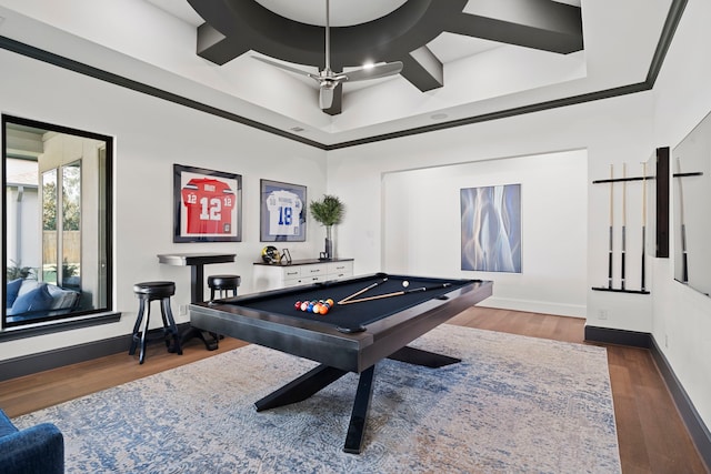 playroom featuring ceiling fan, pool table, coffered ceiling, and hardwood / wood-style floors