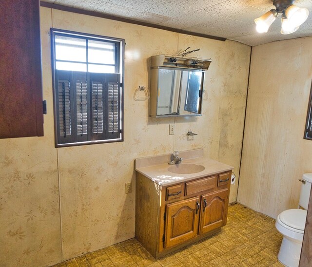 bathroom featuring vanity, ceiling fan, and toilet