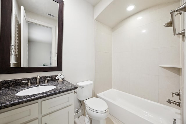 bathroom with shower / bathtub combination, toilet, recessed lighting, vanity, and visible vents