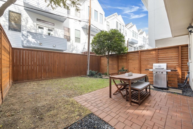 view of patio / terrace featuring outdoor dining space, a fenced backyard, and area for grilling