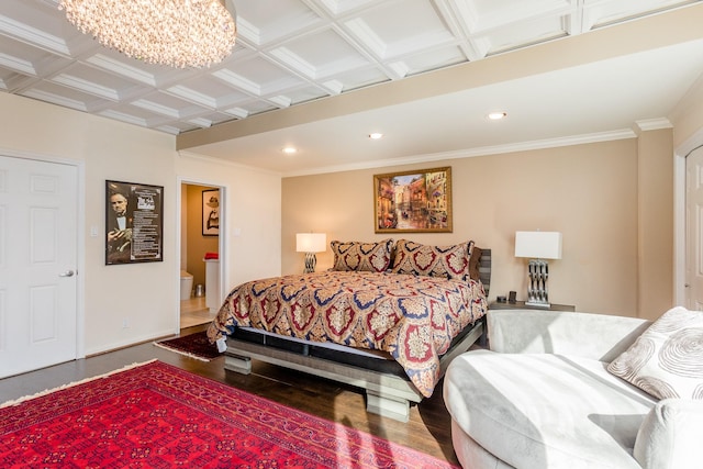 bedroom featuring crown molding, wood-type flooring, coffered ceiling, and an inviting chandelier