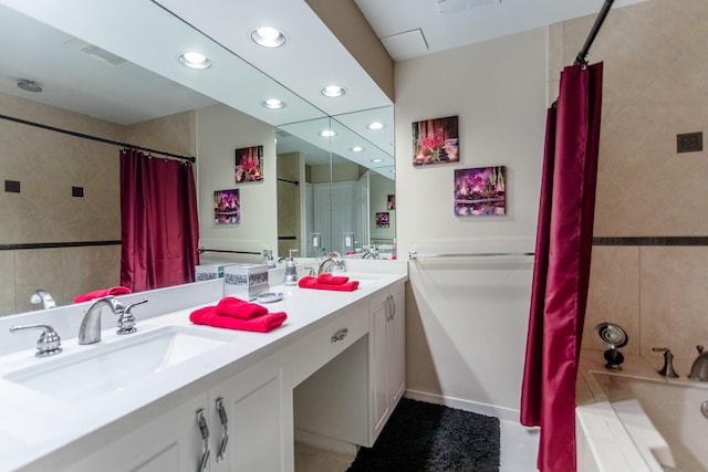 bathroom with shower / bath combination with curtain and vanity