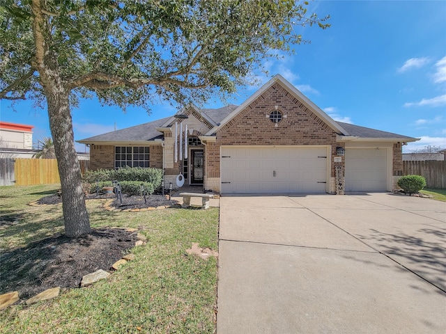 ranch-style home featuring a garage, brick siding, fence, and driveway