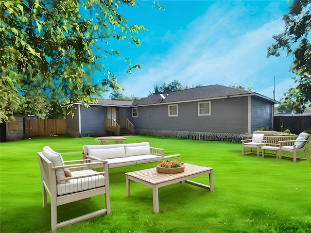 rear view of house featuring a lawn, an outdoor hangout area, and fence